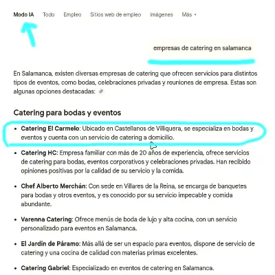Primera posición en el modo AI de Google para cateringelcarmelo.es